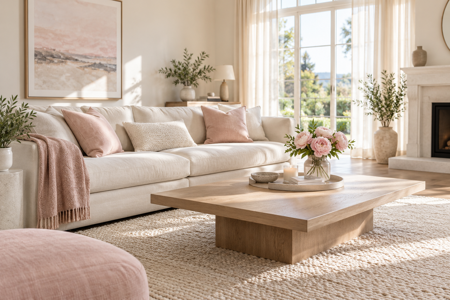 Bright clean living room with pink accents